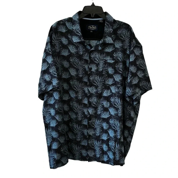 Nat Nast Black w/ Blue Palm Leaf Silk Cotton Short Sleeve Button Up Men Size 2XL - Picture 1 of 12
